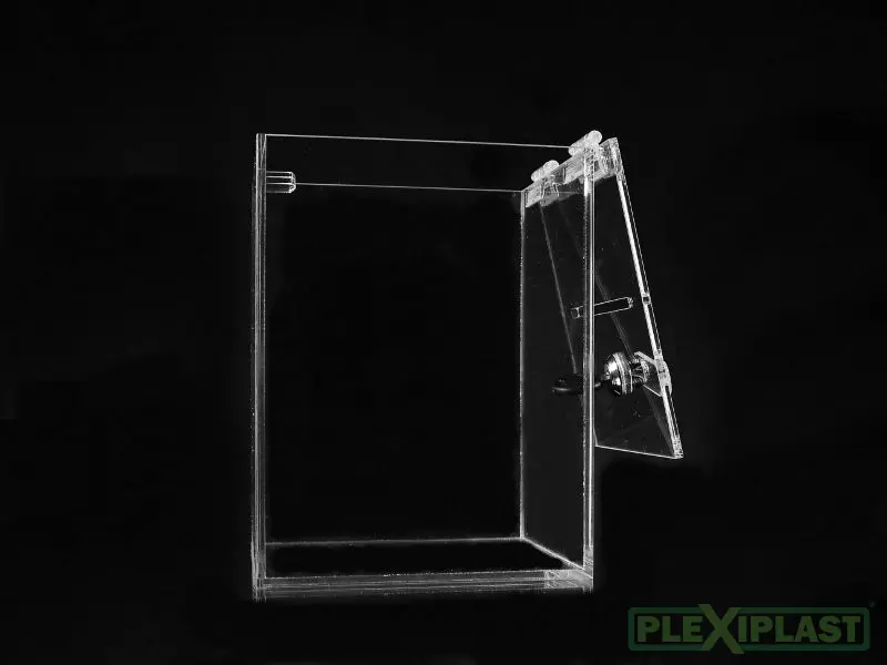 Moneybox 150mm x 150mm x 200 mm made of clear acrylic, secured with mailbox lock