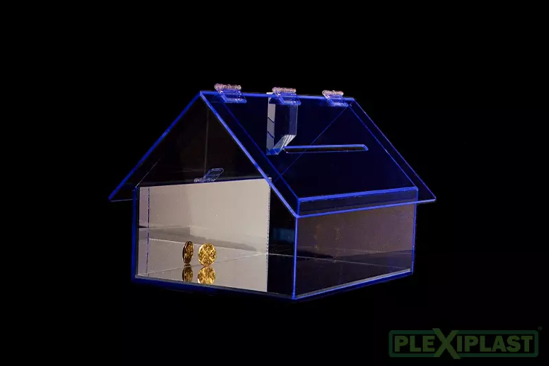 House-like acrylic moneybox, mirrors inside