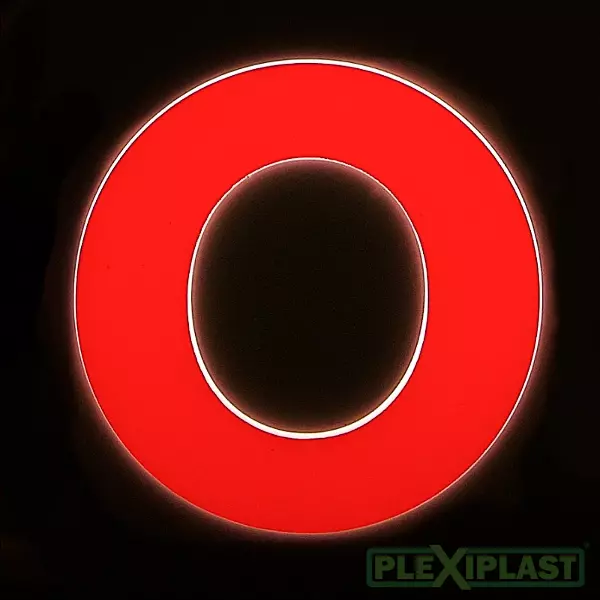 Channel letter 'e', red acrylic