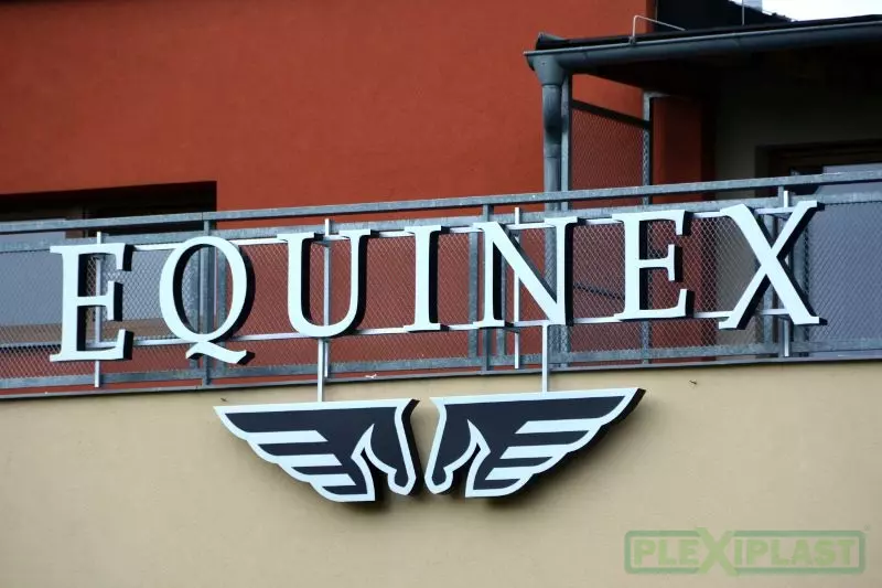 Logotype of Equinex company made in a luxurious combination of metal surfaced dibond and black acrylic