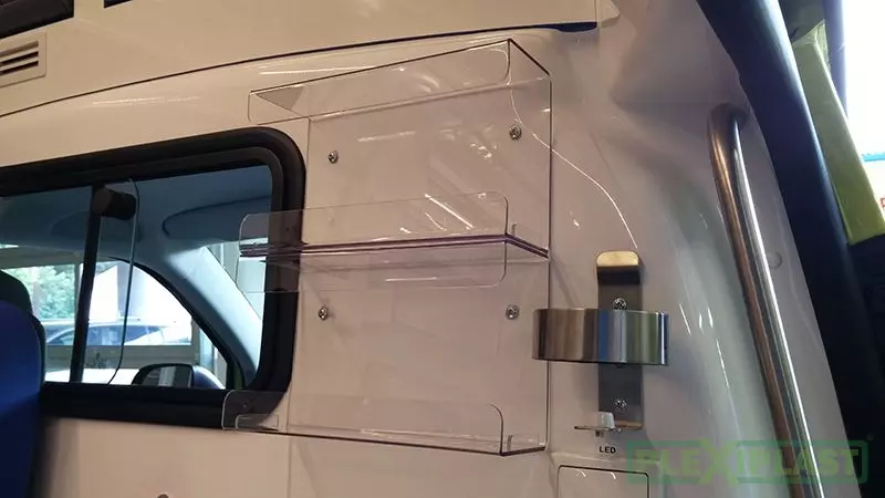 Acrylic shelves inside ambulance vehicle